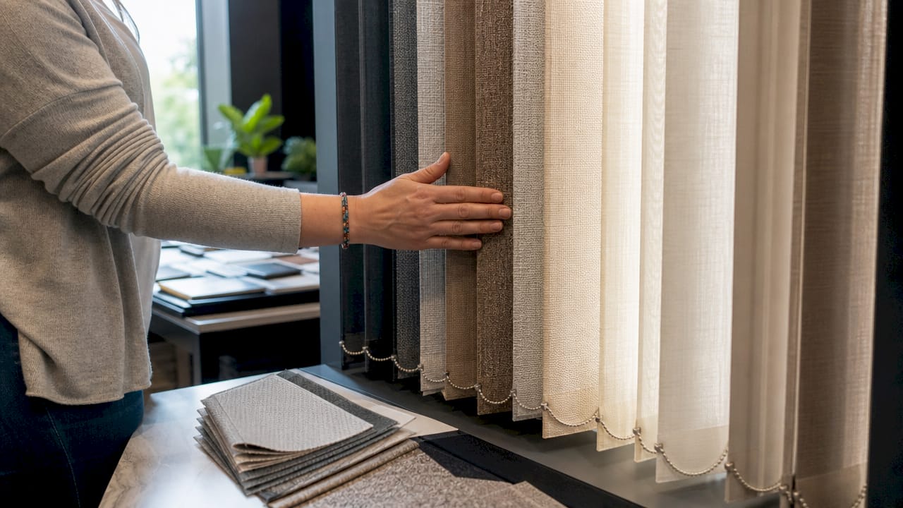Close-up of vertical blinds samples in showroom