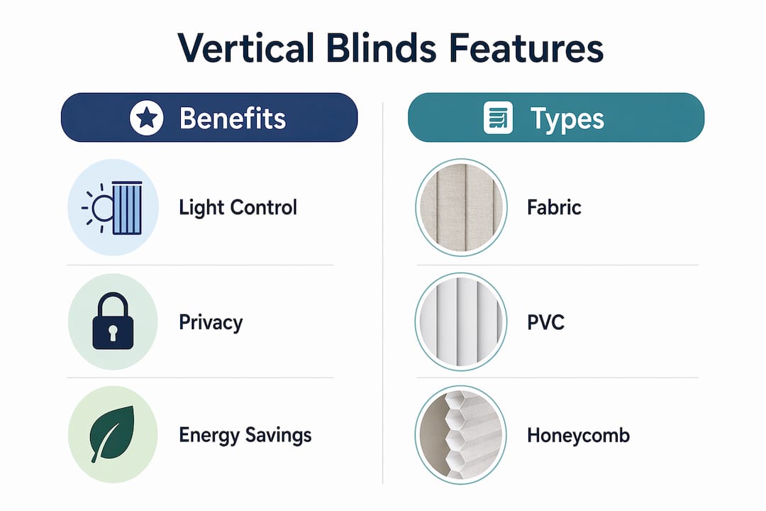 Infographic showing vertical blinds benefits and types