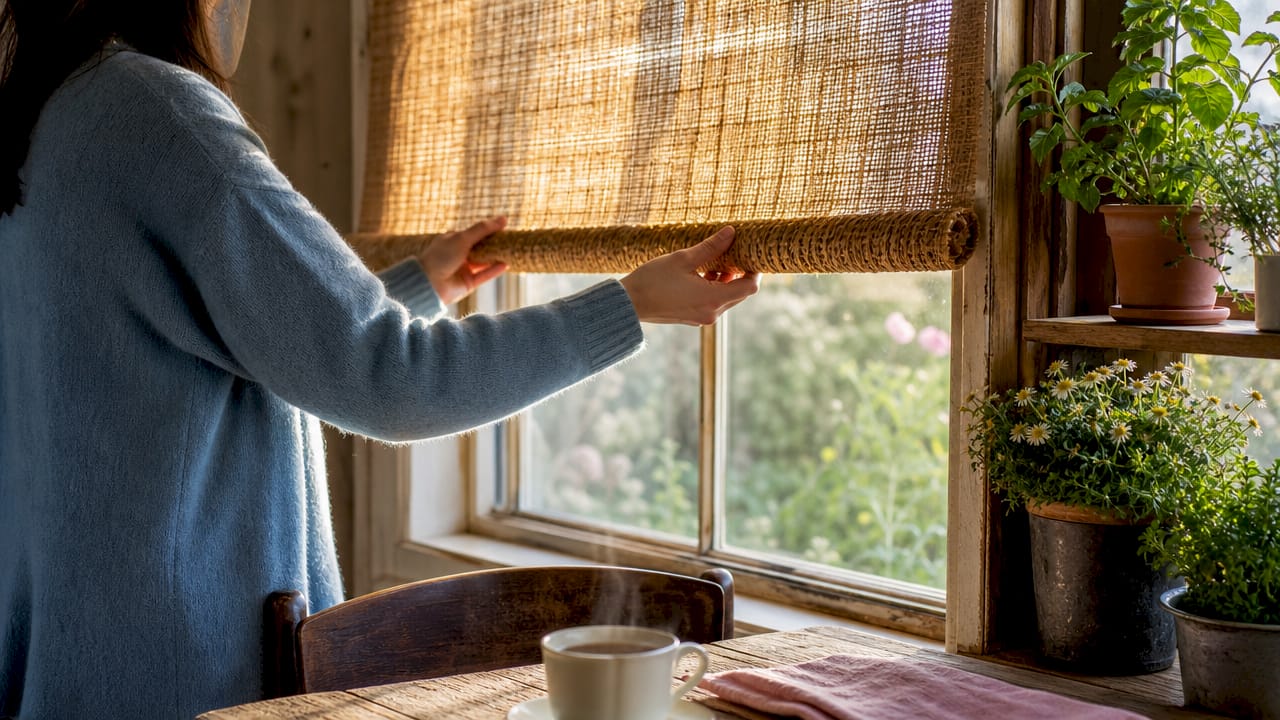 Hands adjusting bamboo woven roller shade