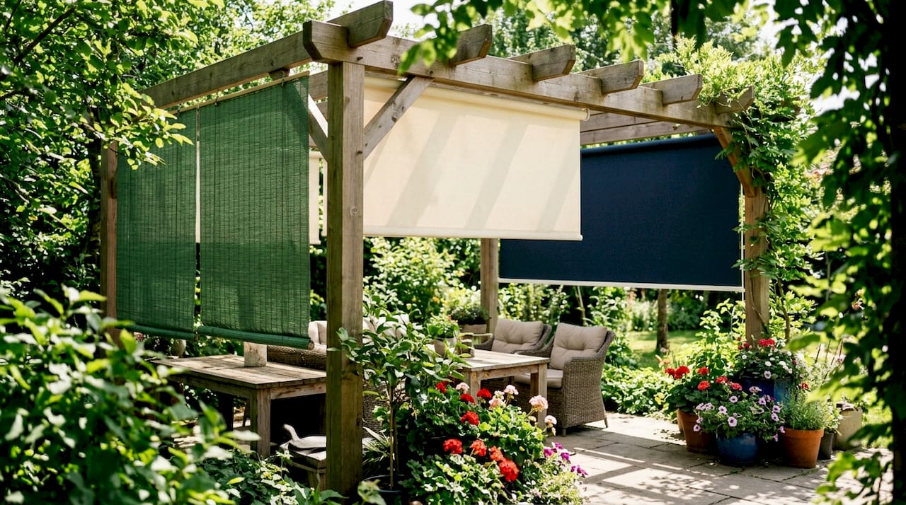 Variety of outdoor sun blinds on pergola