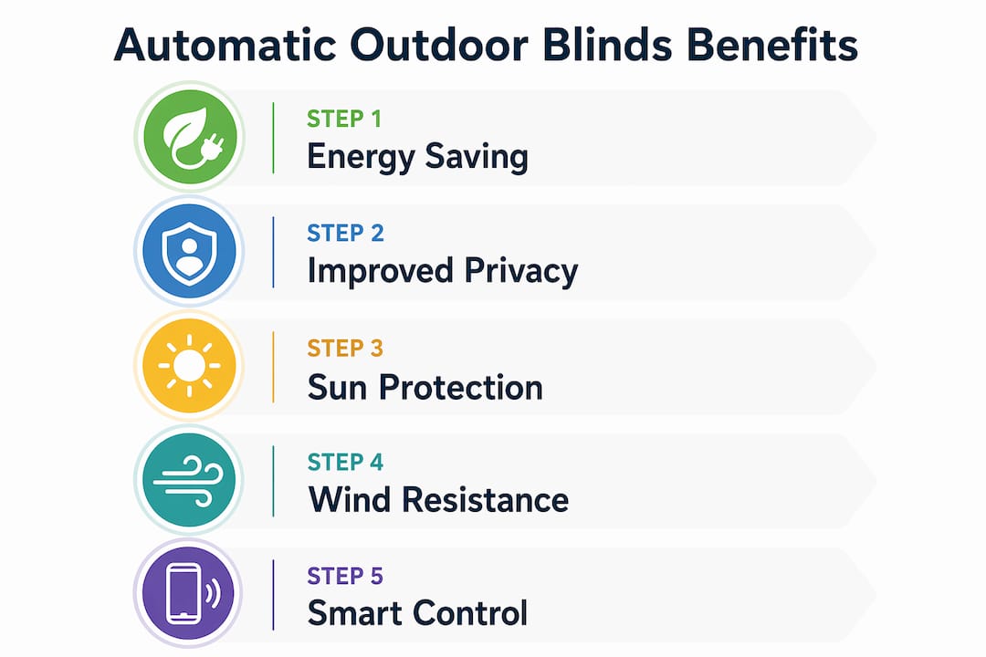Infographic illustrating key benefits of automatic outdoor blinds