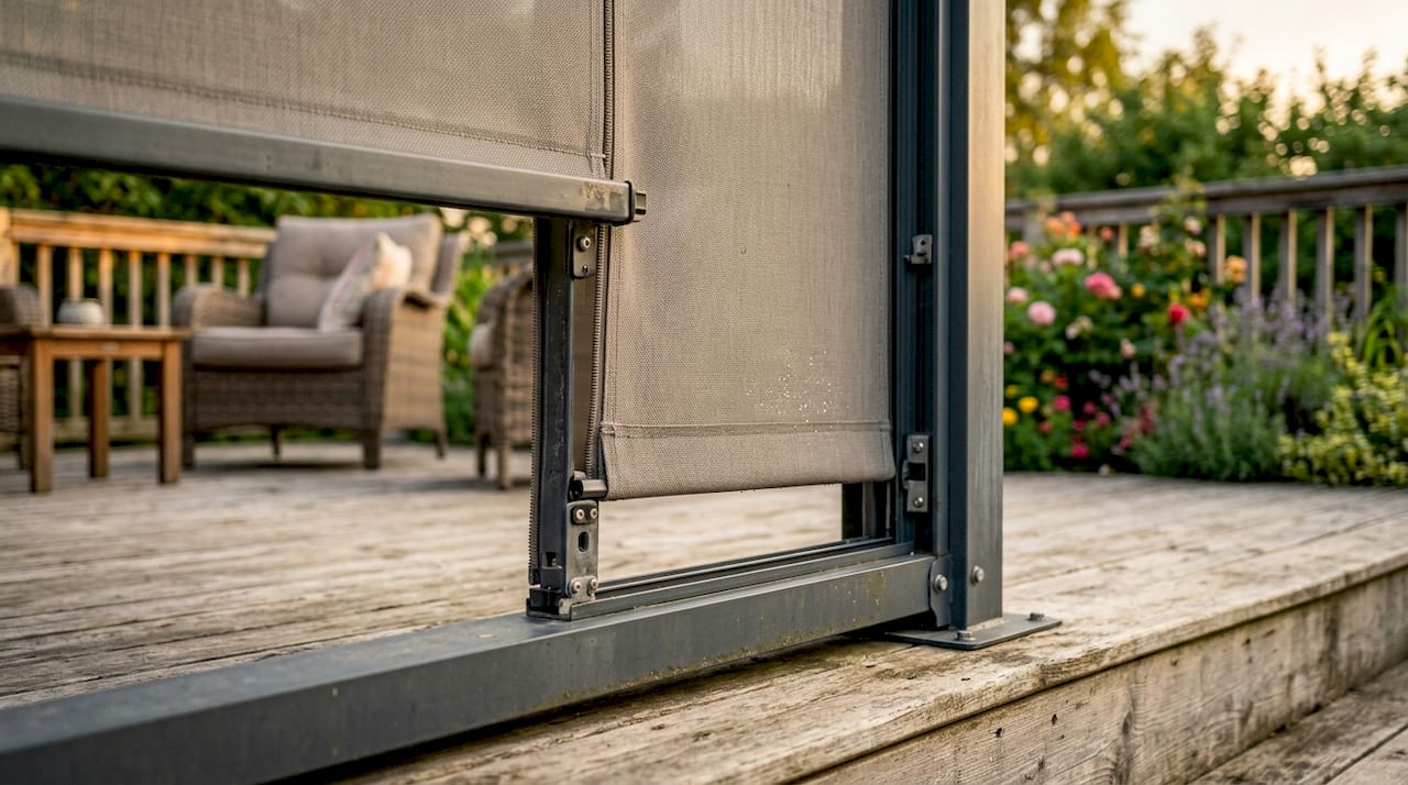 Close-up of durable fabric and aluminum frame of outdoor blind