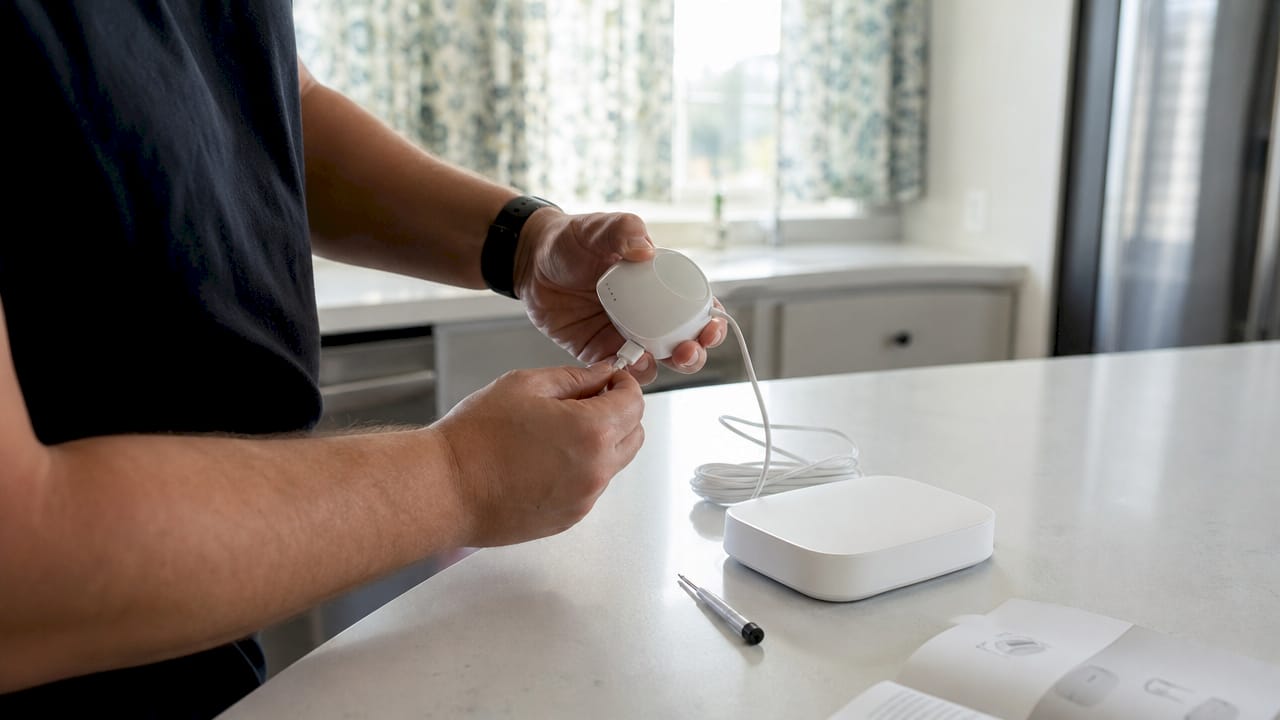 Hands connecting smart blind motor to hub device