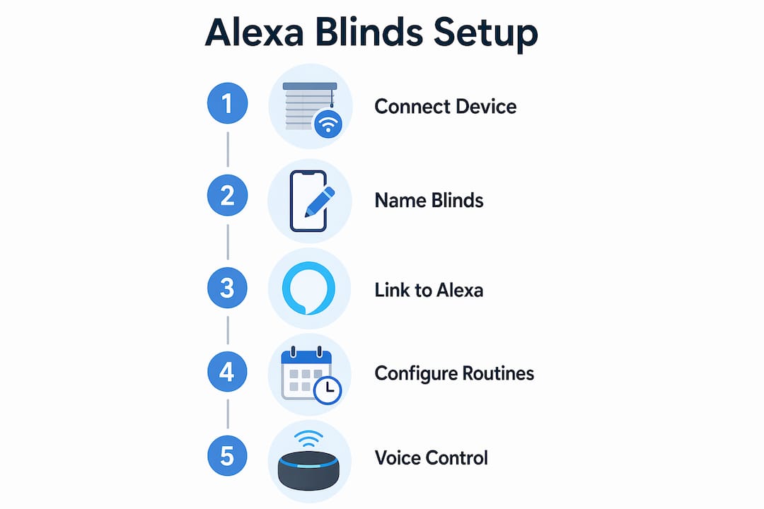 Infographic showing Alexa powered blinds setup steps