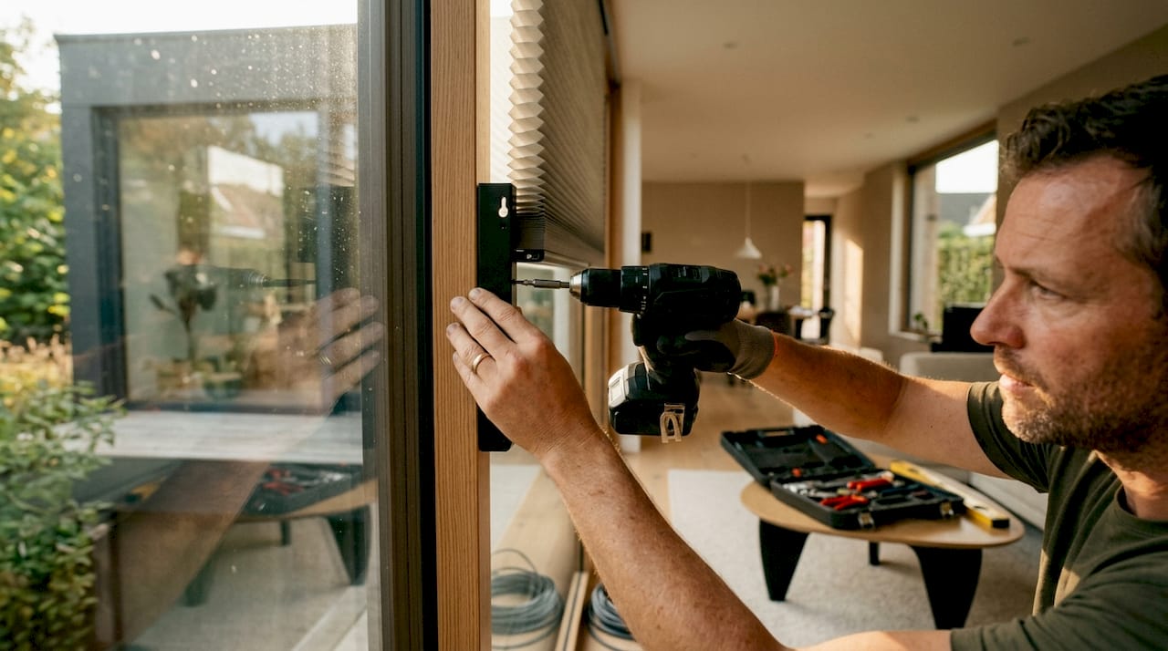 Technician installing motorized honeycomb blinds