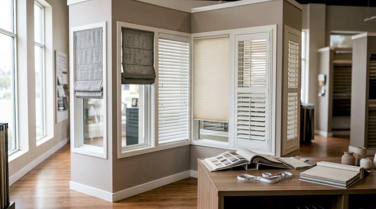 Variety of bay window blinds on display