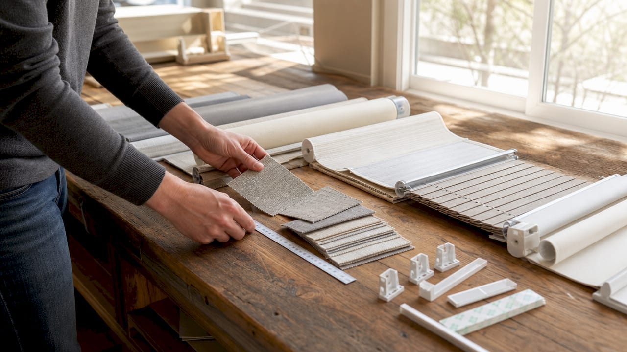 Samples of different quick install blinds on table
