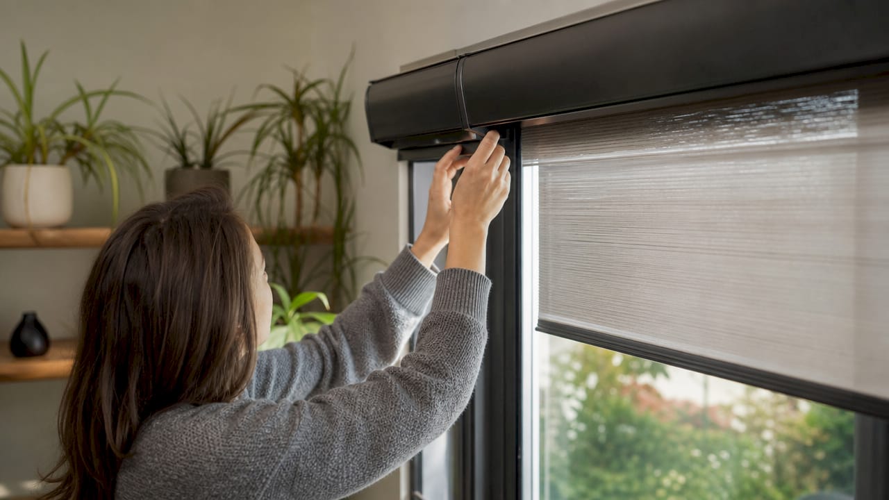Hands adjusting wireless motor on smart blinds