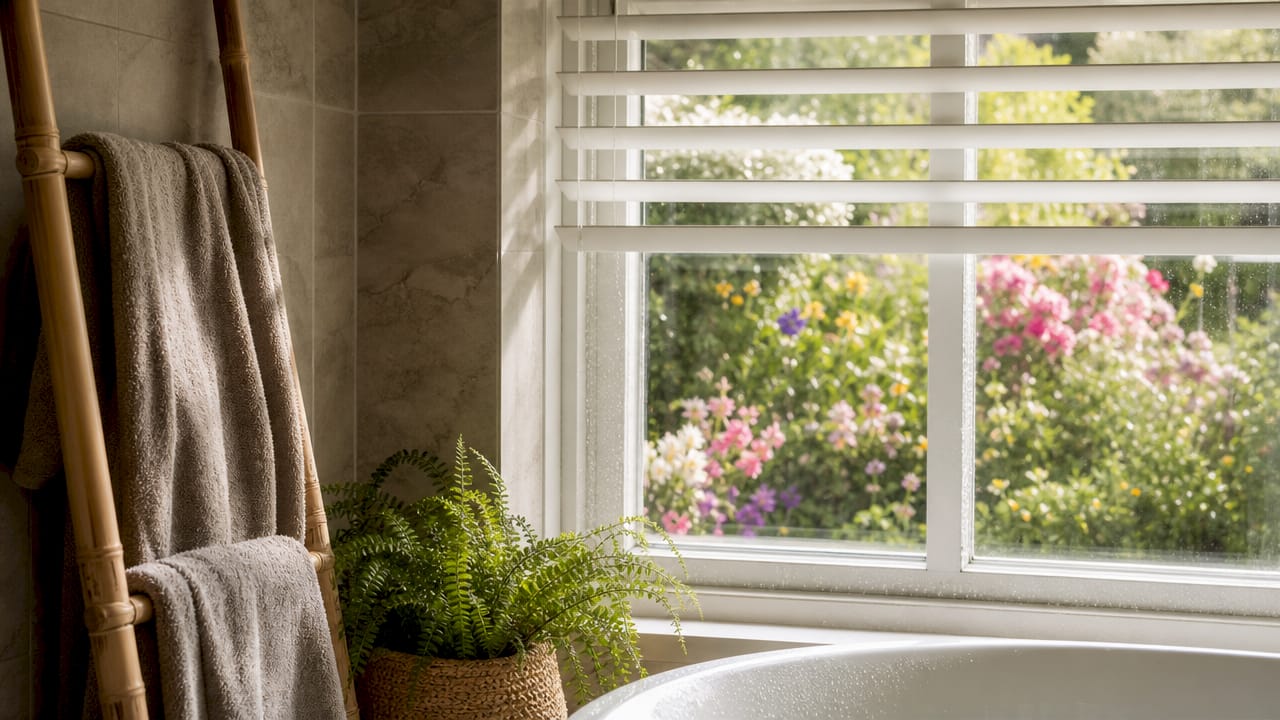 Vinyl blinds in steamy bathroom window