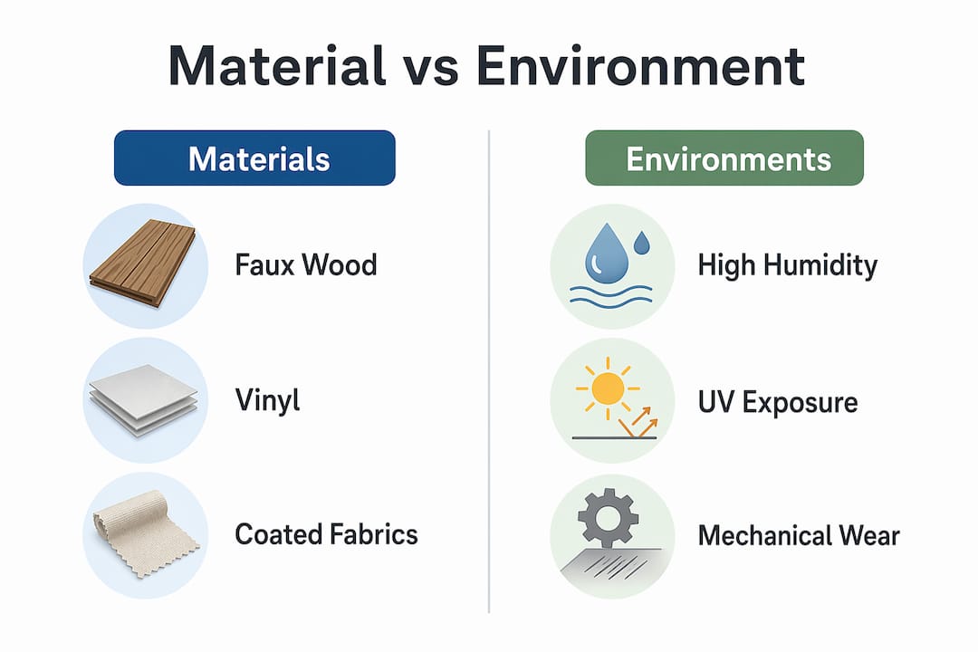 Infographic comparing window treatment materials and environment durability factors