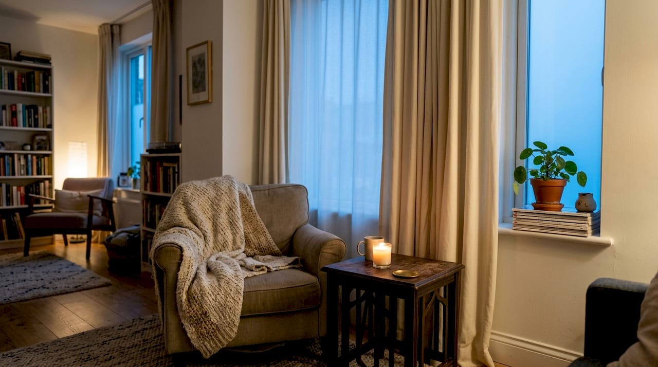 Apartment window with thermal insulated curtains