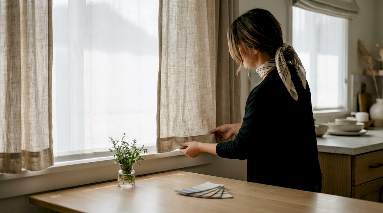 Interior designer demonstrating solar shade fabric and light control