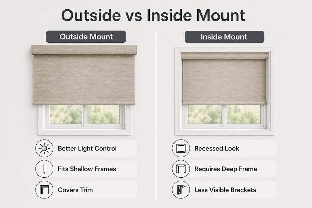 Infographic contrasting outside and inside mount blinds benefits