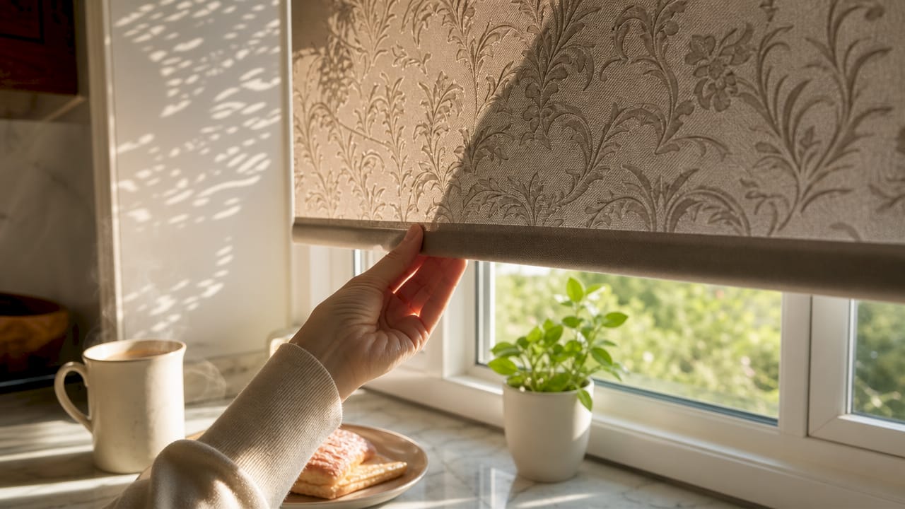 Close-up of hand lowering embossed fabric roller shade