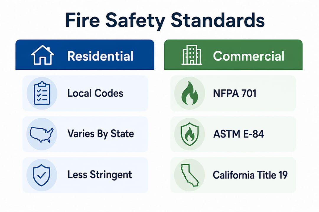 Infographic comparing residential vs commercial fire safety standards for window shades.