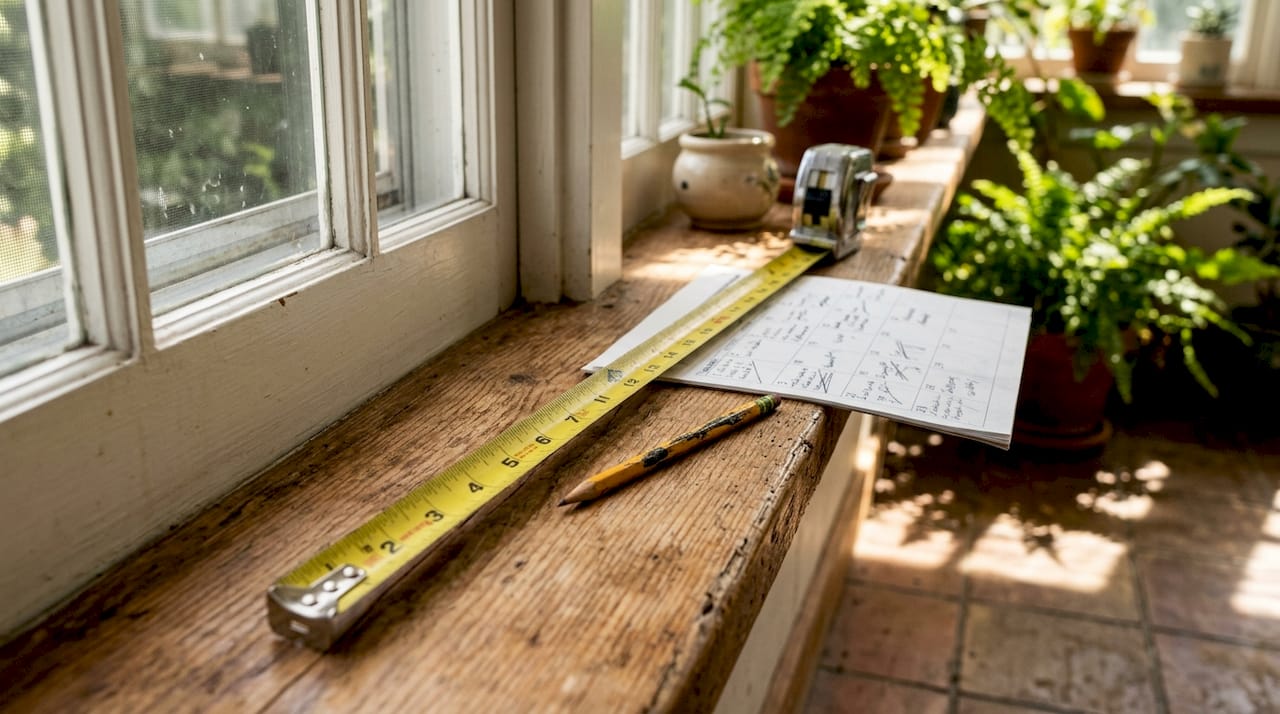 Tape measure and tools on windowsill