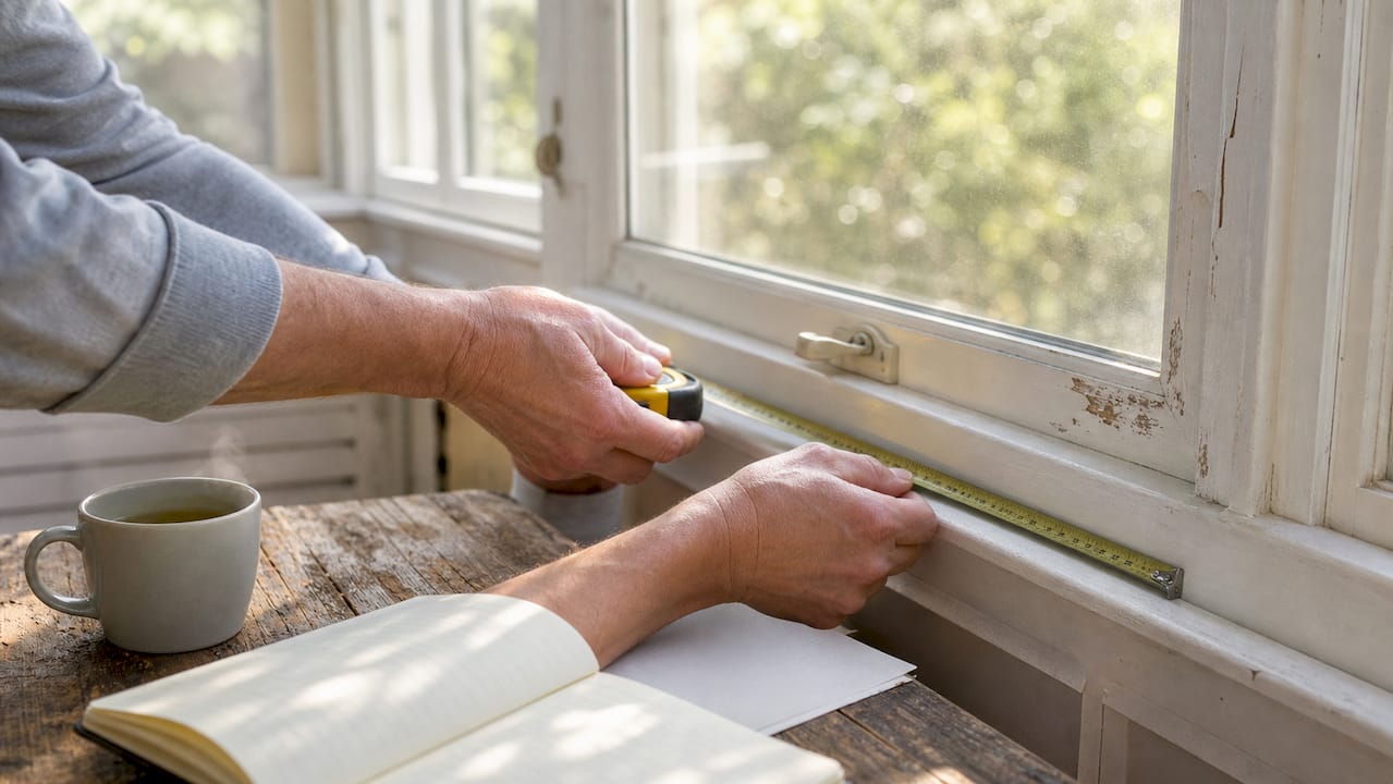 Close-up of hands measuring window width