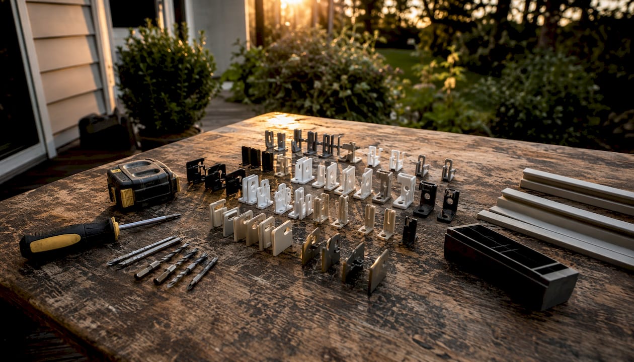 Valance clips and installation tools on wooden table