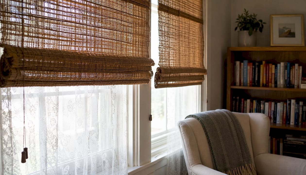 Natural woven bamboo shades on kitchen window