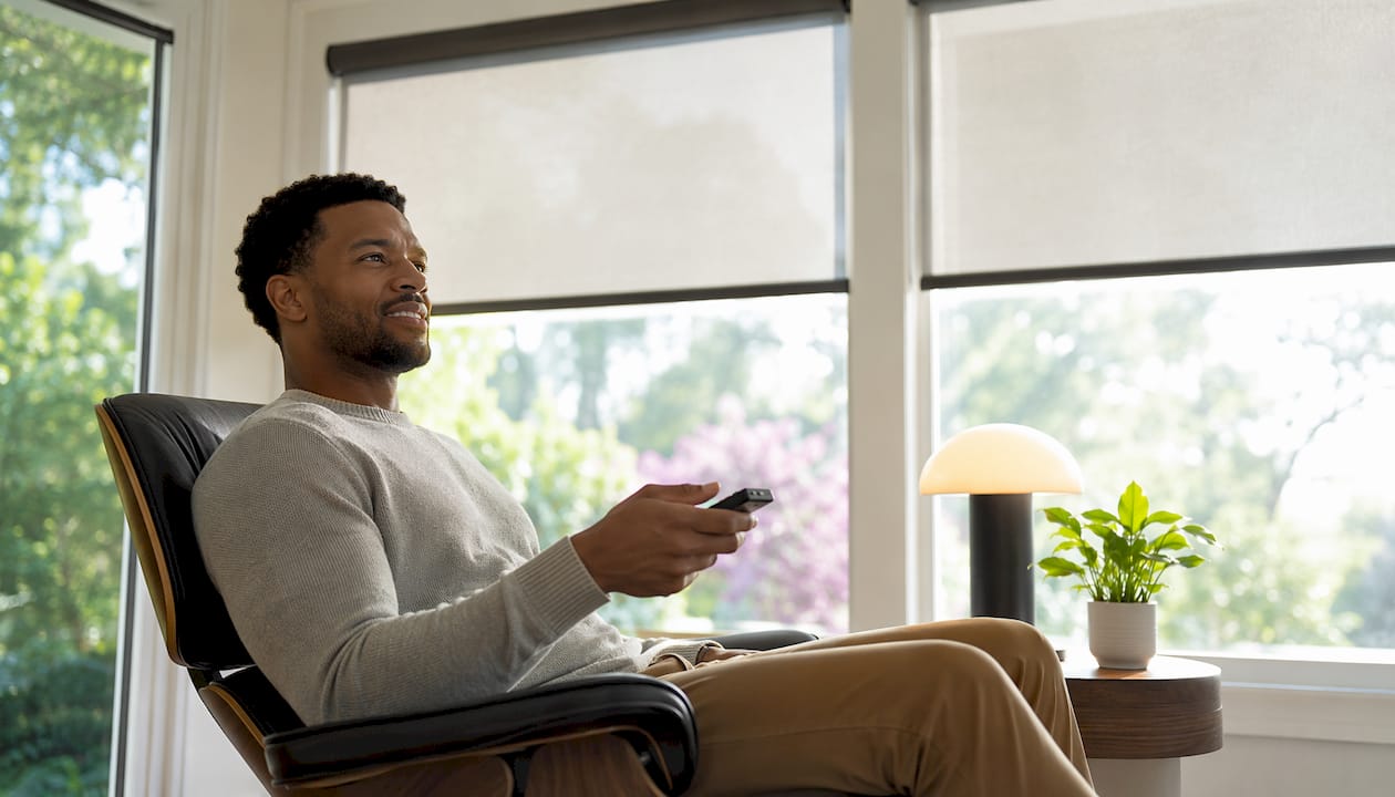 Man controlling cordless motorized blinds remotely