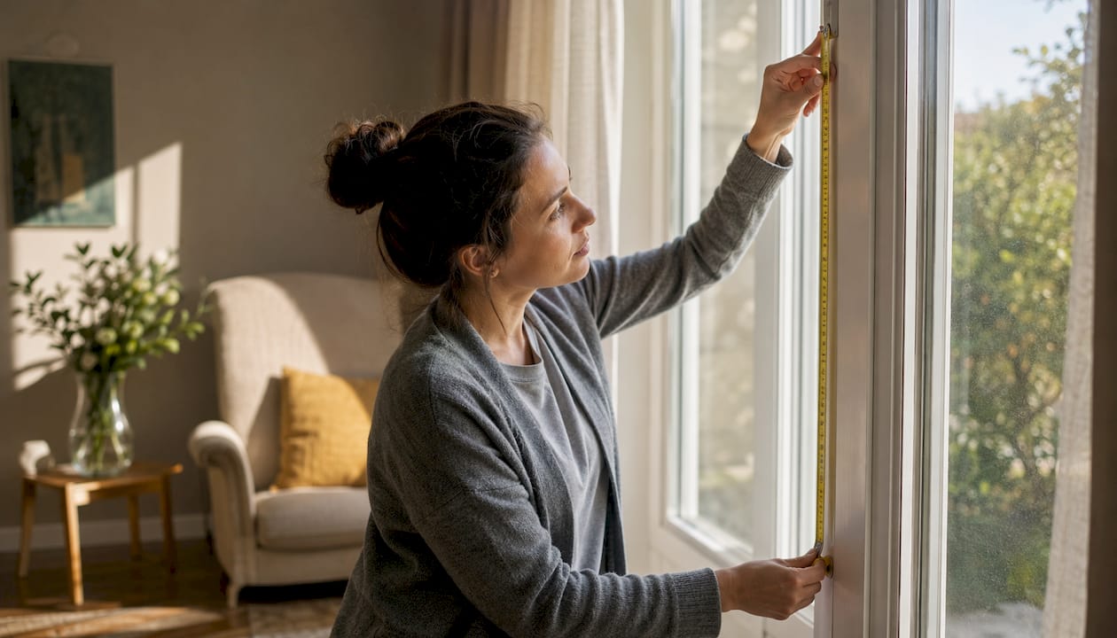 Hands measuring window width with tape measure