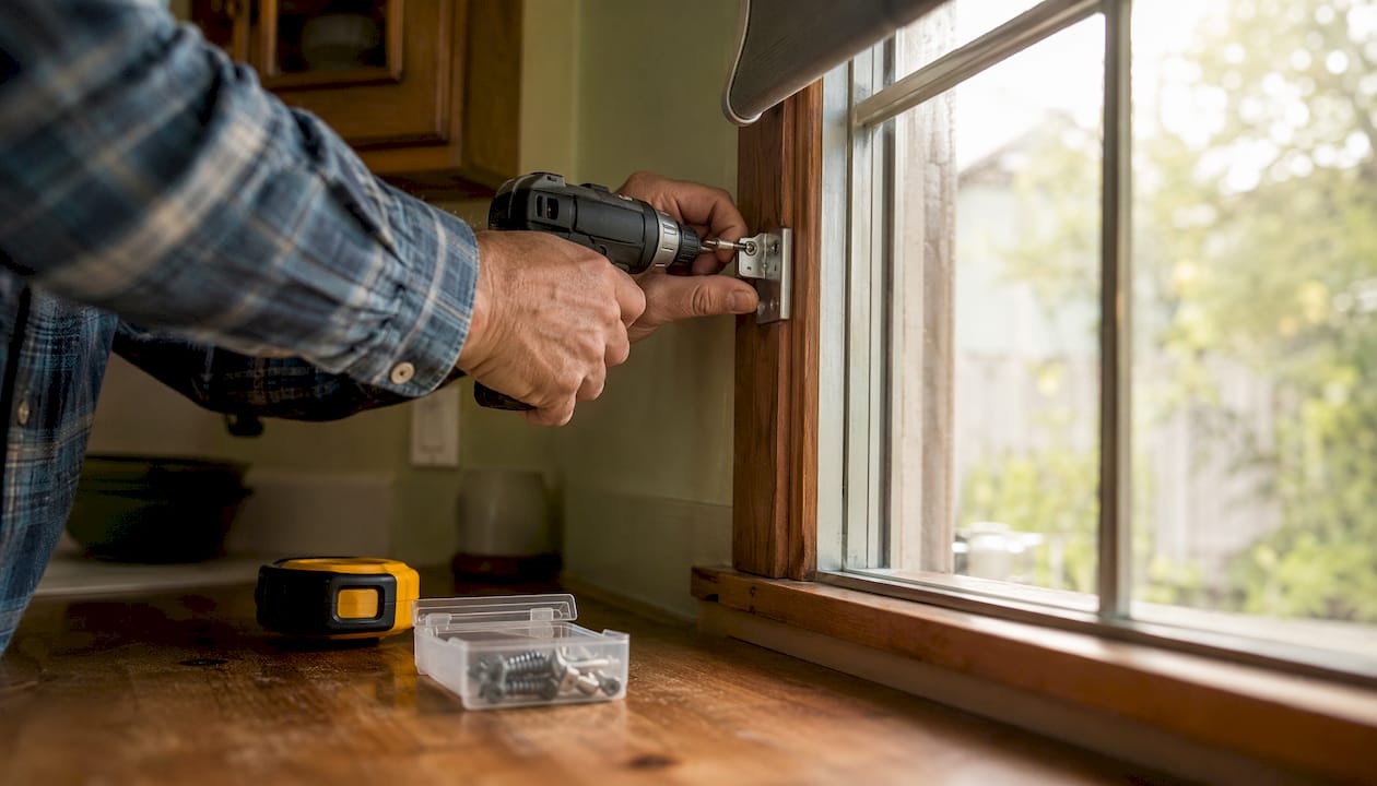 Hands screwing roller shade bracket to window frame