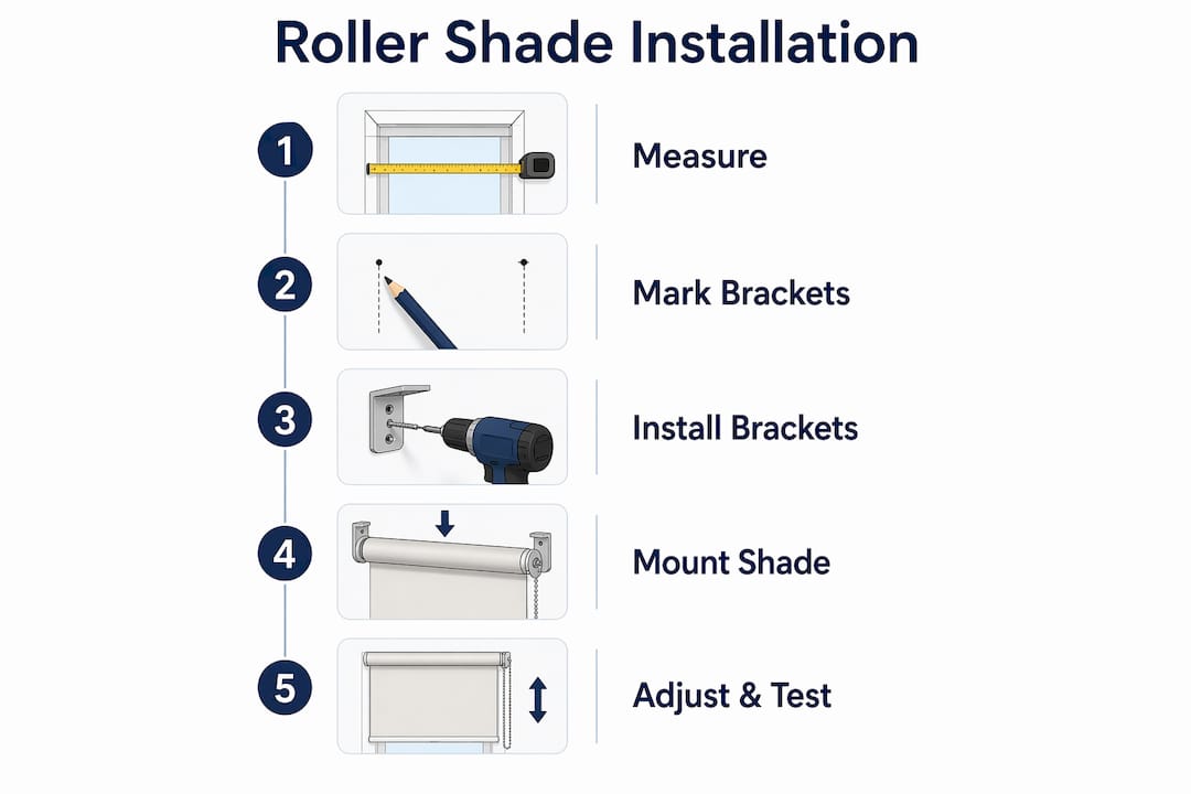 Infographic showing five installation steps for roller shades