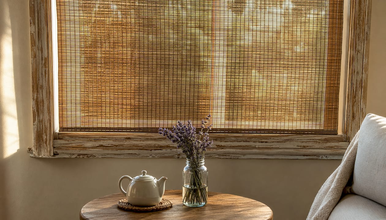 Woven wood shades in warm kitchen