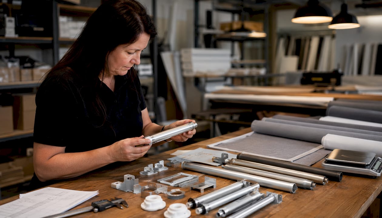 Technician inspecting commercial blind hardware and fabrics