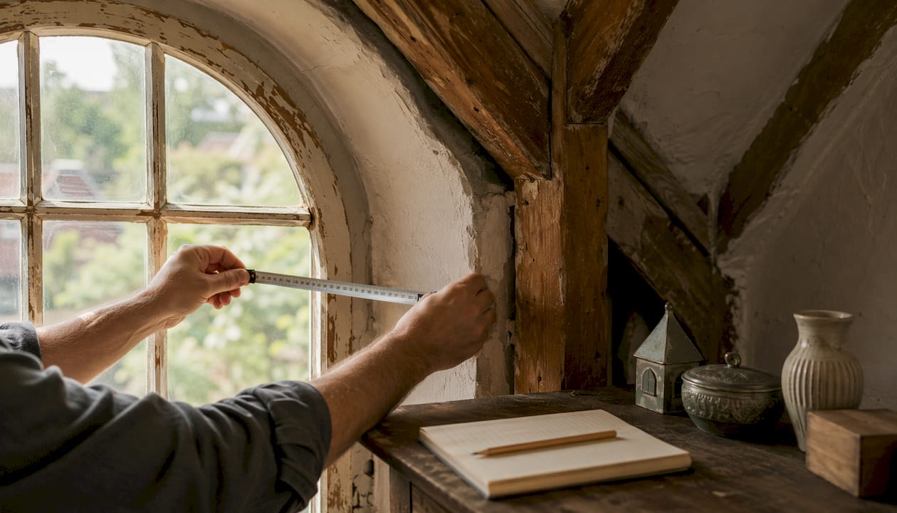 Hands measuring inside window recess width