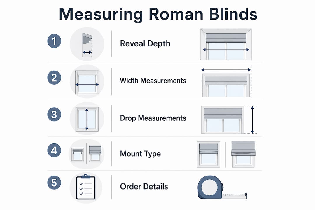 Infographic summarizing roman blind measuring steps