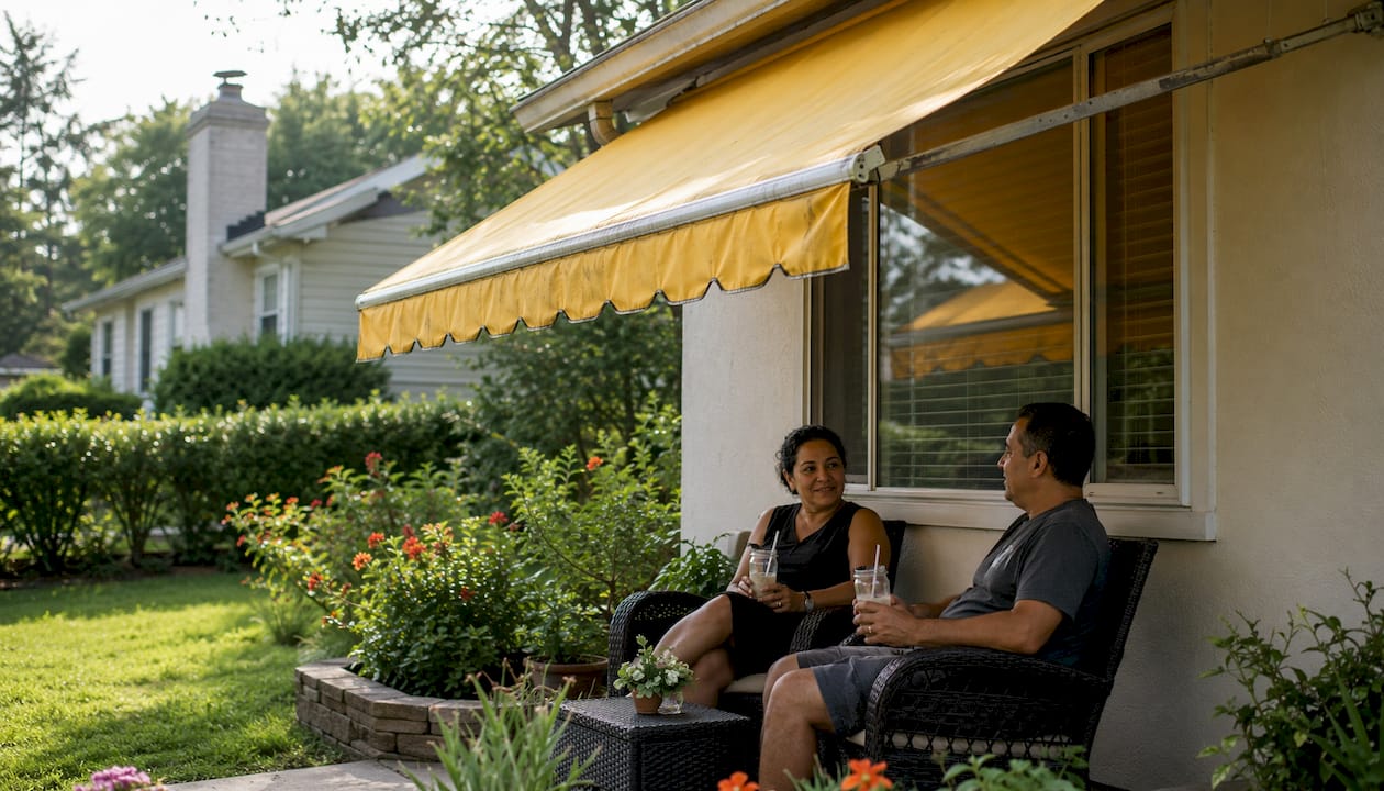 Exterior awning shading home window and patio