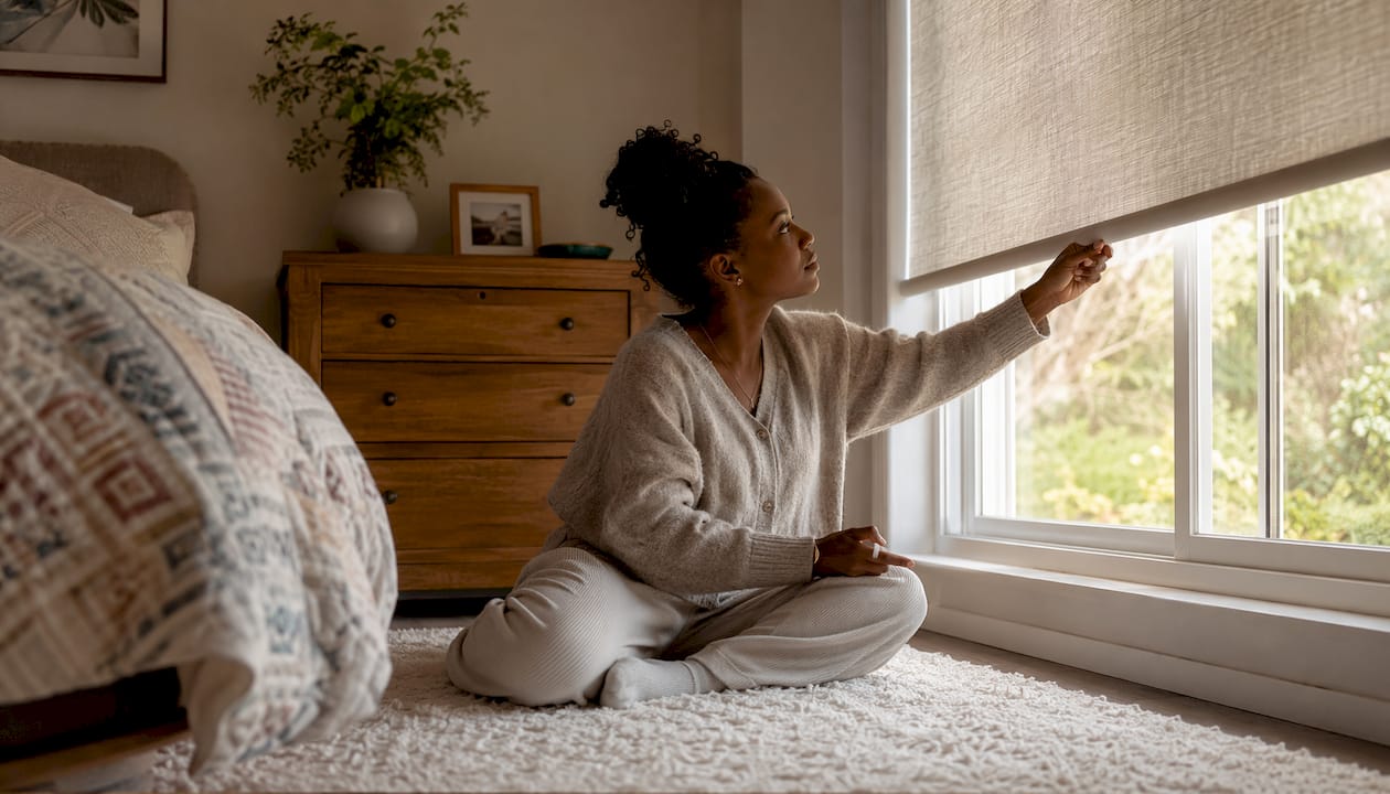 Woman adjusting roller shade in bedroom