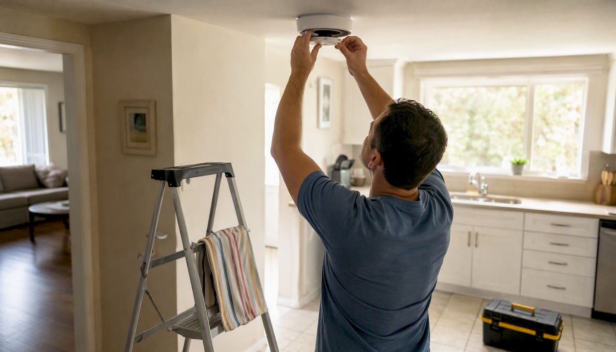 Hands maintaining ceiling smoke detector