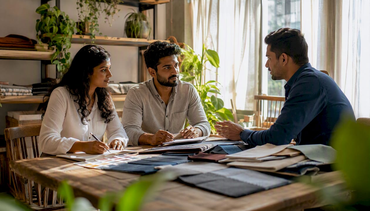 Couple consulting salesperson for blinds selection