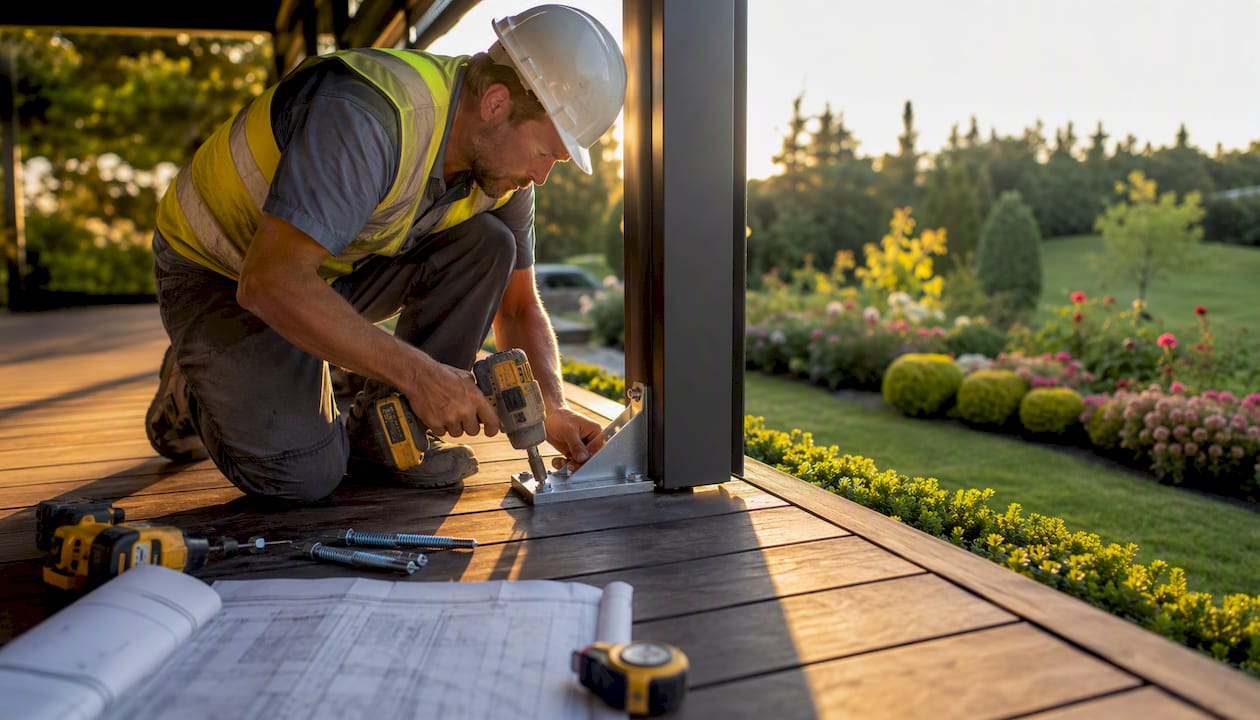 Installer fitting windproof outdoor blinds under pergola