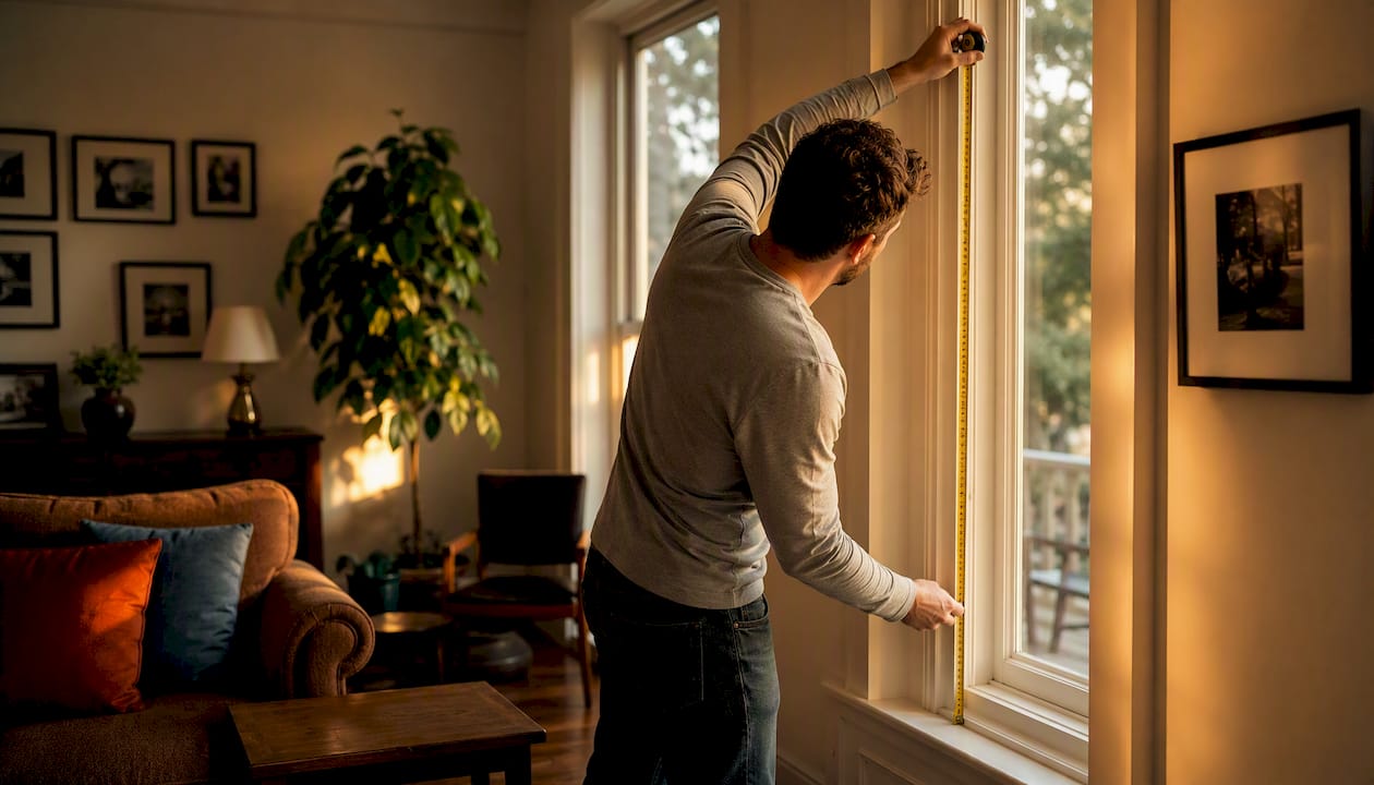 Man measuring window with tape measure indoors