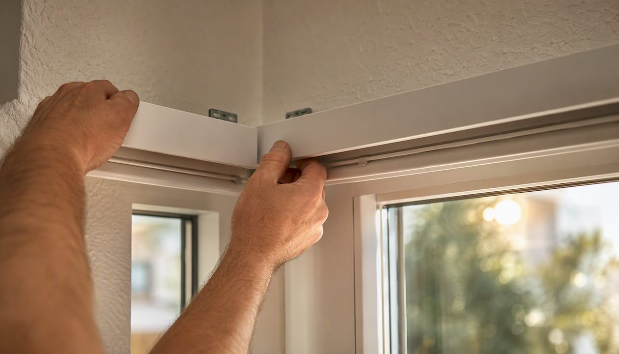 Hands installing butt blind at corner