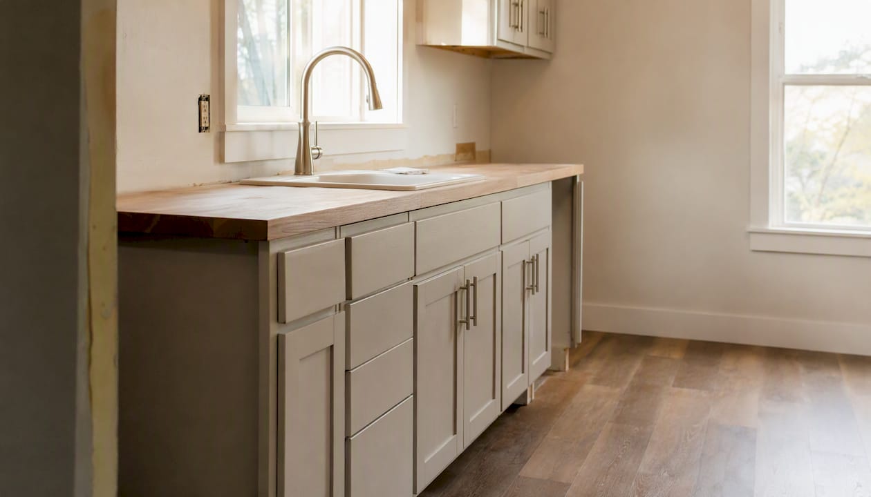 Close-up of remodeled kitchen cabinets and countertop