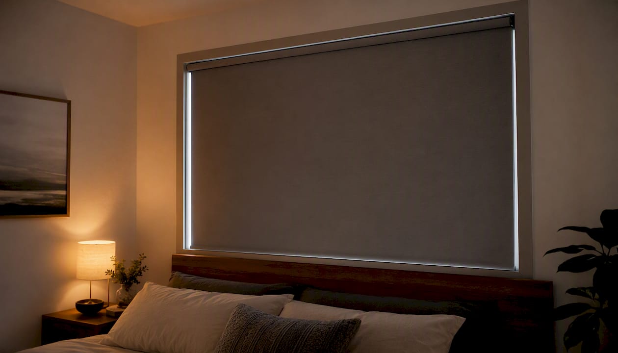 Blackout roller shade with cassette headrail in bedroom