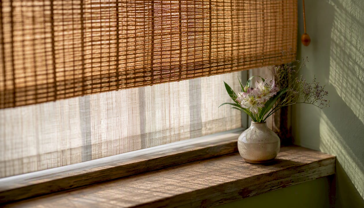 Woven bamboo shade with privacy liner on window