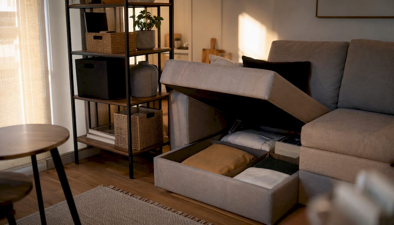 Multipurpose furniture and vertical storage in apartment