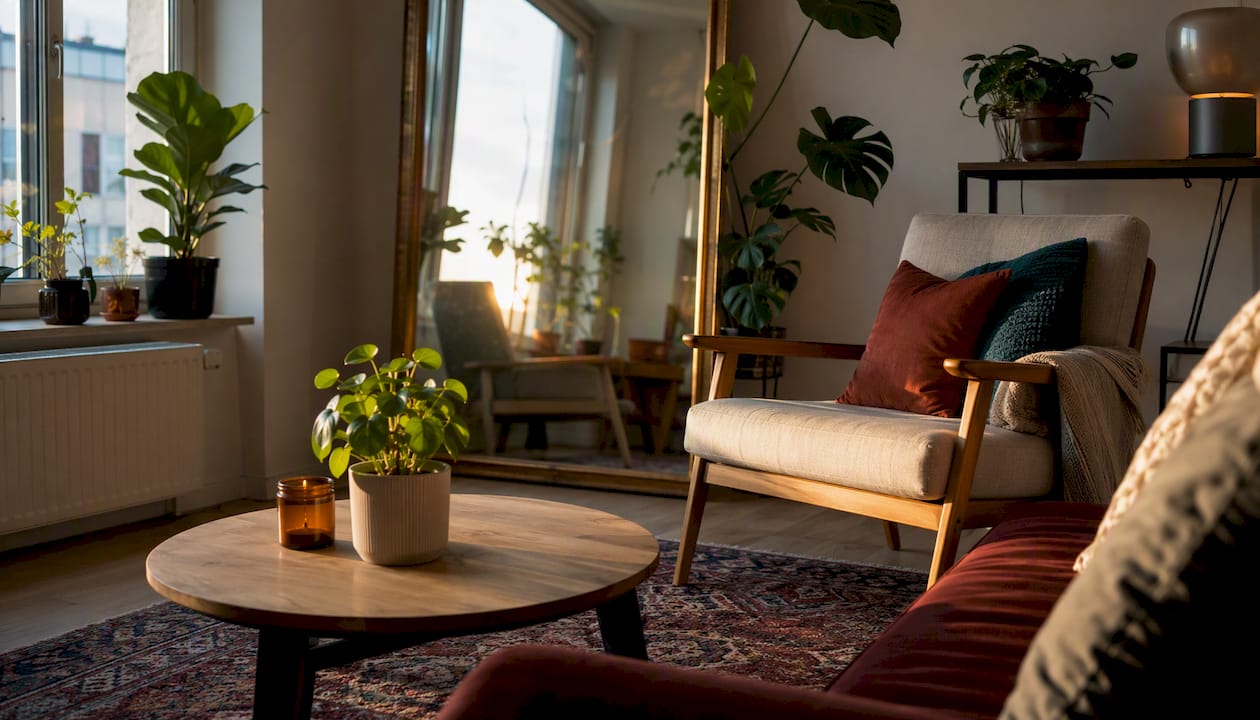 Cozy small apartment with warm colors and mirror