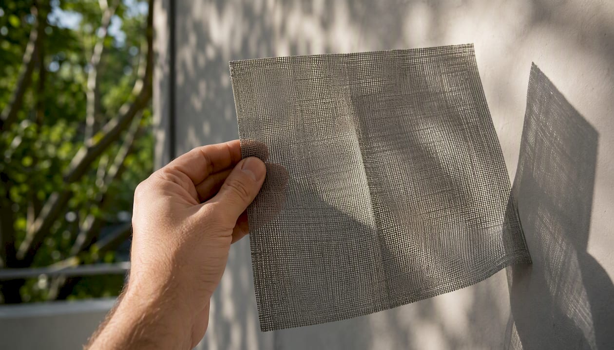 Fabric swatch held against window outdoors