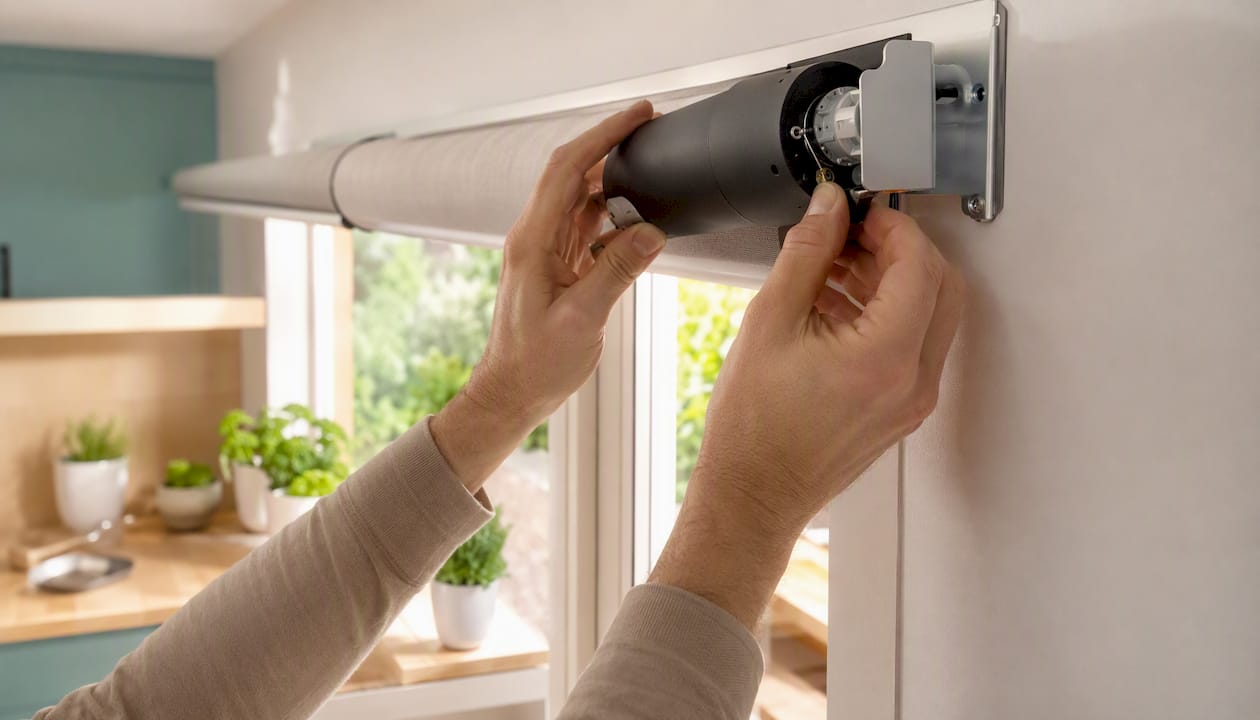 Hands installing retrofit motorized blind kit