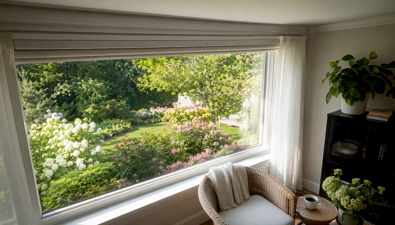 Home office window with custom motorized blinds