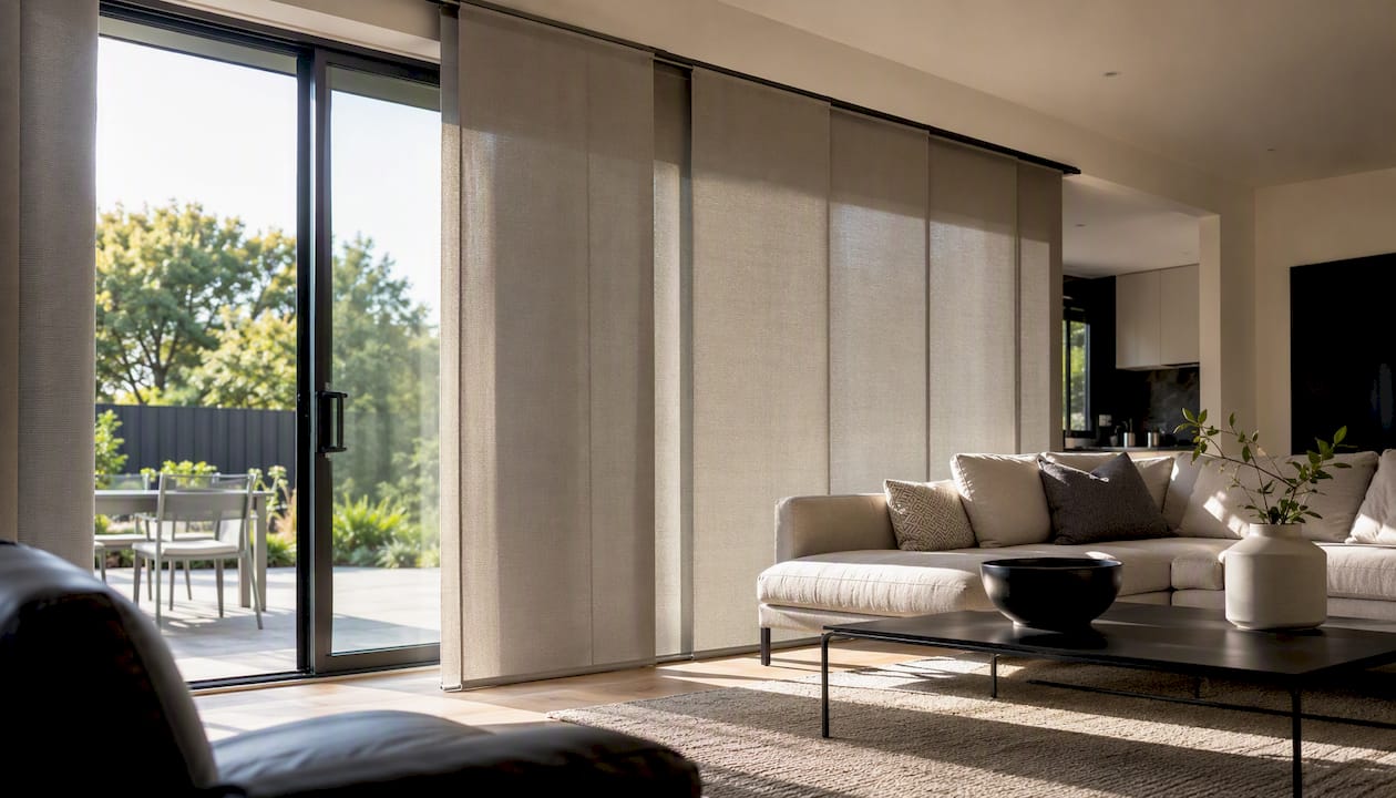 Panel-track blinds on sliding door