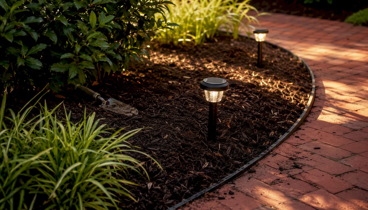 Fresh mulch with crisp edges and solar pathway lights