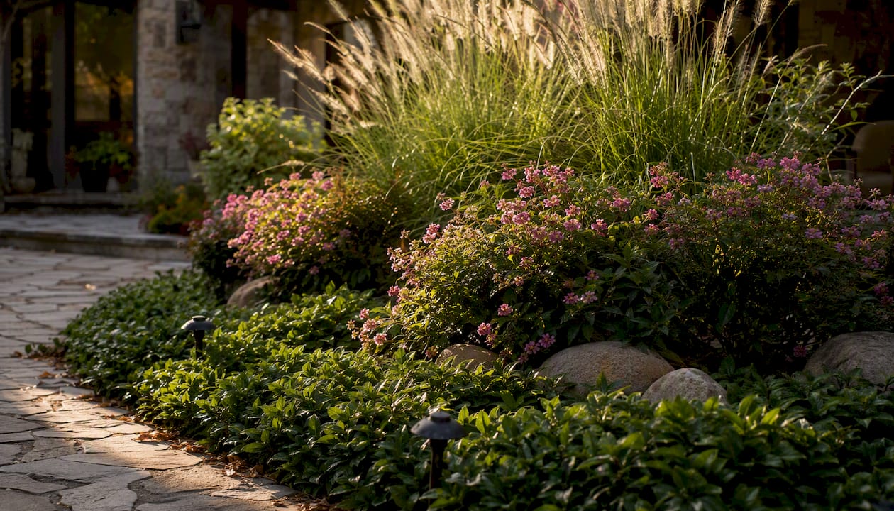 Layered front yard plants by height and texture