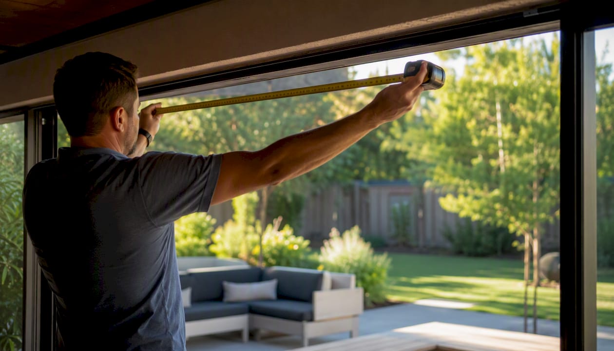 Hands measuring width of patio opening